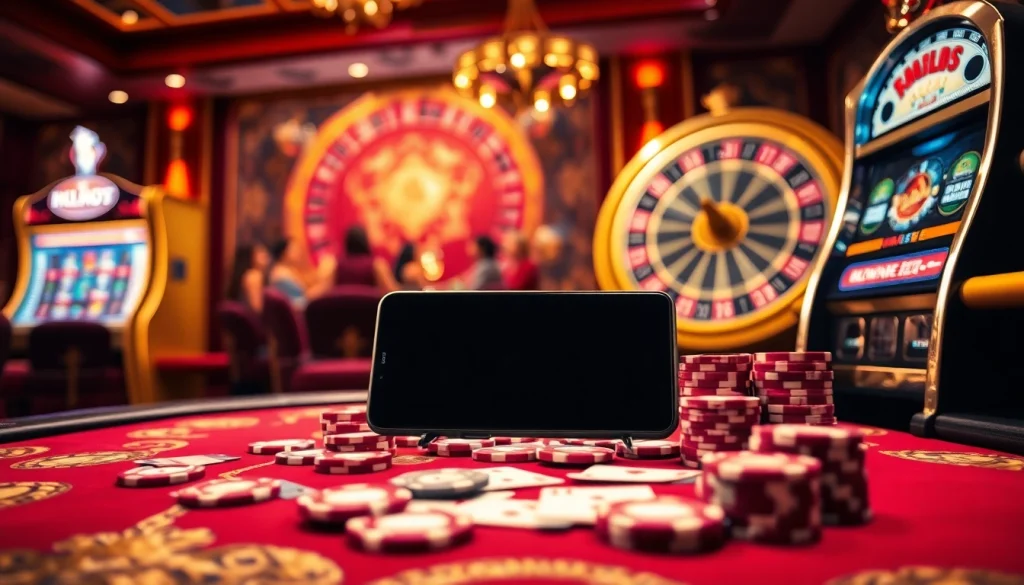 Experience exciting casino games at S8, with vibrant poker chips and a spinning roulette wheel.