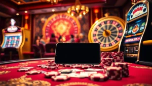 Experience exciting casino games at S8, with vibrant poker chips and a spinning roulette wheel.