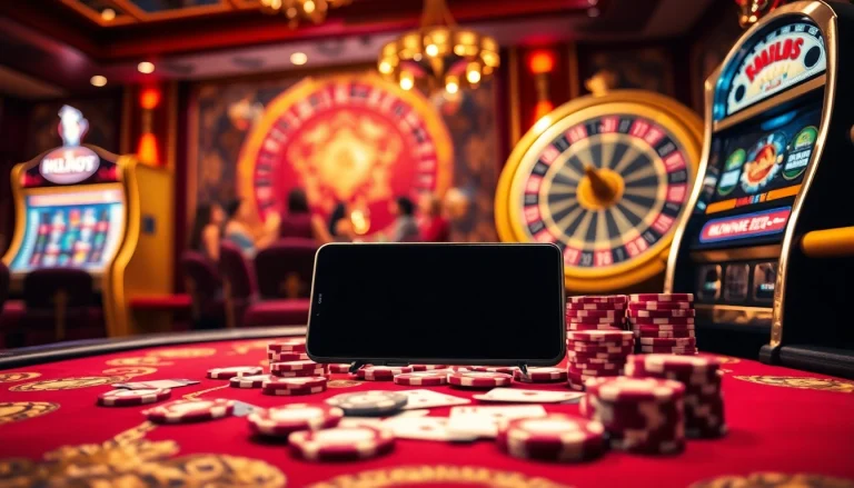 Experience exciting casino games at S8, with vibrant poker chips and a spinning roulette wheel.