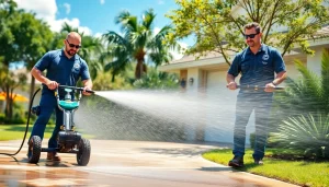 Professional pressure wash team revitalizing a driveway in Kissimmee, Florida.