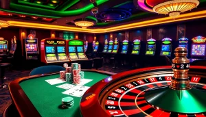 Experience the vibrant casino atmosphere at https://rr88.wales/ with poker chips and a spinning roulette wheel.