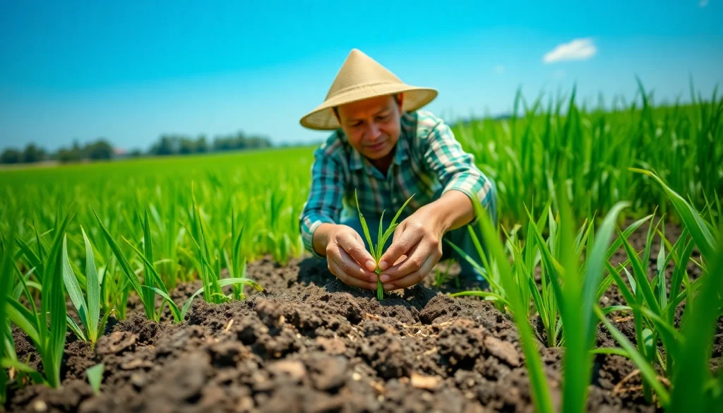 Petani toto bekerja di ladang padi hijau, menanam biji dengan hati-hati.