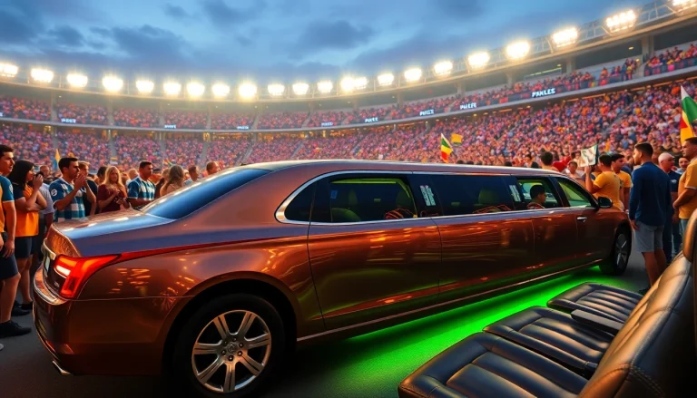 World Cup Group Transportation with a luxury limousine surrounded by excited fans celebrating at the LA stadium.