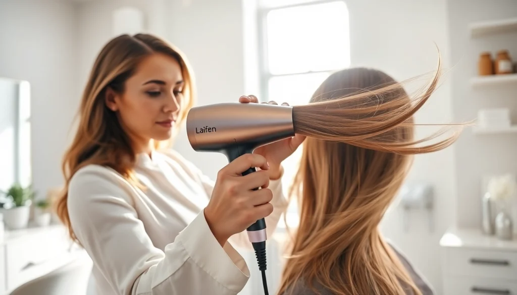 The Laifen Swift hair dryer is used by a stylist, demonstrating its sleek design in a salon.