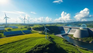 Cloud crypto mining landscape with renewable energy sources and digital interfaces.