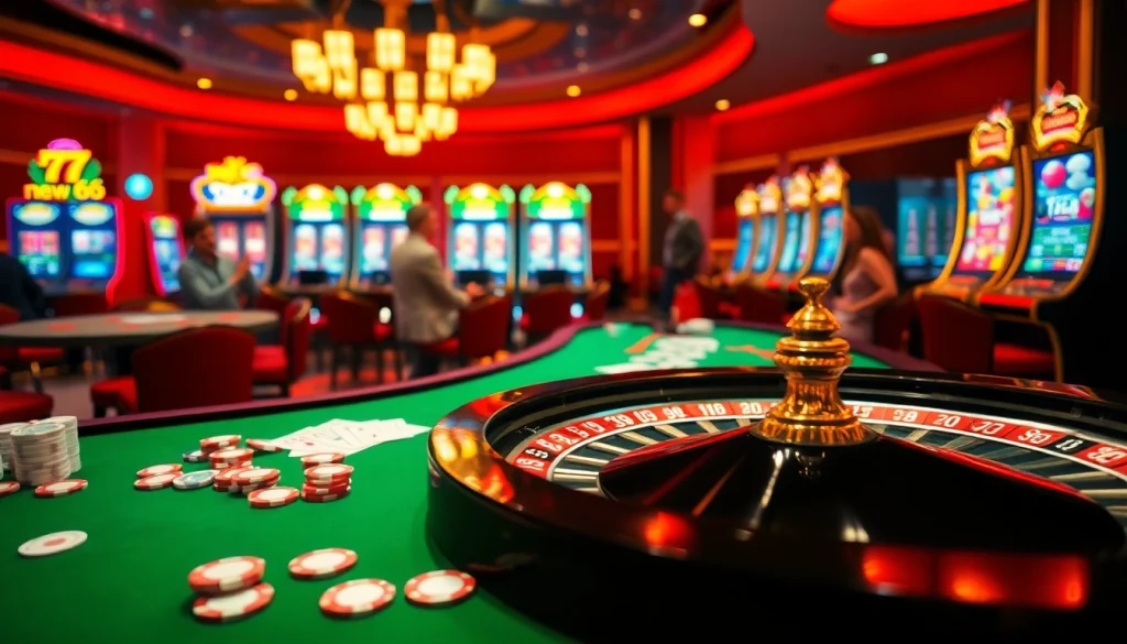 Experience thrilling gaming moments at new66 with vibrant casino tables featuring roulette wheels and poker chips.