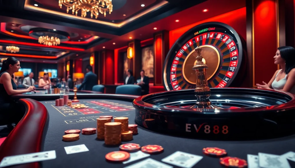 Players enjoying an exciting game at the EV88 casino table, showcasing high-stakes chips and vibrant atmosphere.