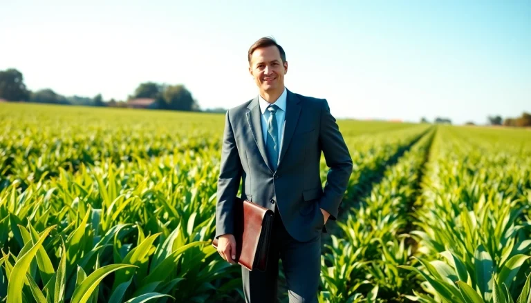Agriculture lawyer assisting a farmer in a green field, highlighting expertise in agricultural law.