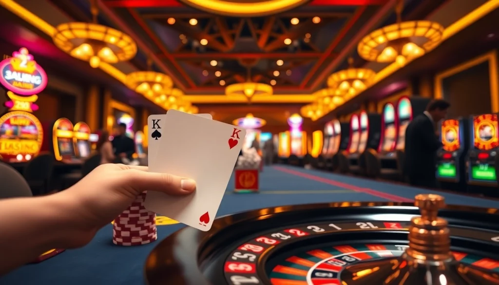 Experience the thrilling action at 3king's casino tables filled with vibrant poker chips and slot machines.