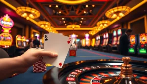 Experience the thrilling action at 3king's casino tables filled with vibrant poker chips and slot machines.