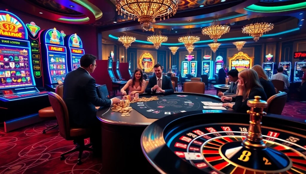 Excited players engaging at a poker table at 32WIN casino with vibrant slot machines in the background.