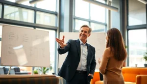 Engaging business coach near me facilitating a session in a bright office space with client.