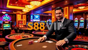 S88VIP highlights a thrilling casino atmosphere with luxurious tables and vibrant slot machines.