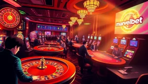 Marvelbet logo featured in a vibrant casino scene with players engaged in classic games, capturing high-stakes excitement.