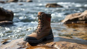 Angler wearing durable Fly fishing boots while navigating rocky waters for the perfect catch.