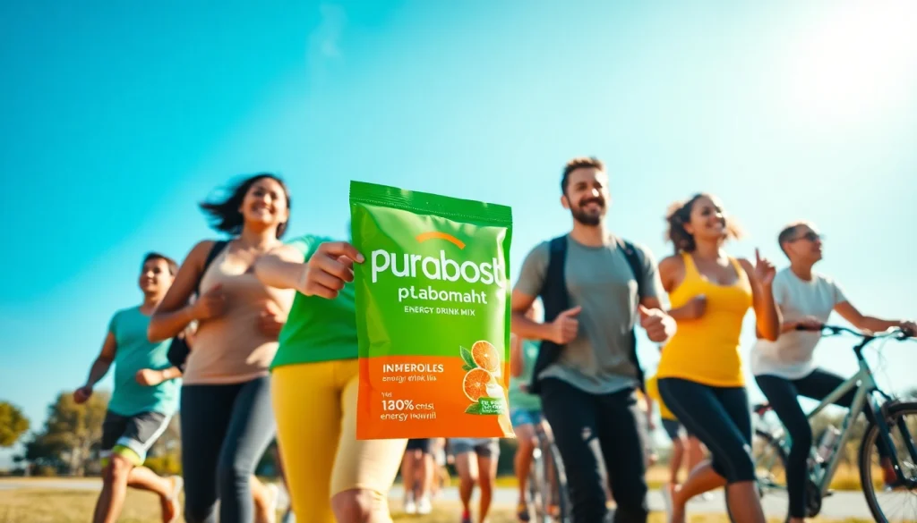 Puraboost energizing drink mix held by active individuals enjoying their outdoor workouts.