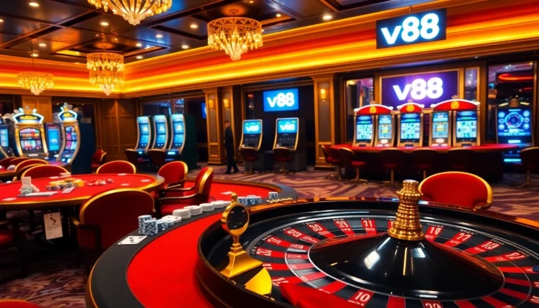Experience the thrill of betting at vn88's luxury casino with vibrant gaming tables and exciting slot machines.