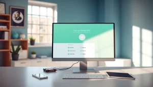 快连vpn下载 interface on a sleek computer display in a modern workspace.