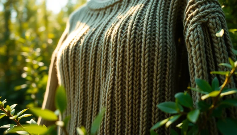 Showcasing a hand-knit garment from https://www.ound-ound.com surrounded by natural elements, emphasizing sustainability.