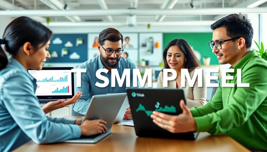 Analyze TikTok SMM Panel strategies with a digital marketing team in a bright office.