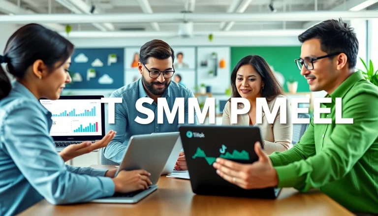 Analyze TikTok SMM Panel strategies with a digital marketing team in a bright office.