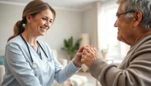 Senior care austin tx with a caregiver compassionately assisting an elderly person in a cozy home.