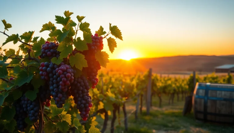 Visit Clarksburg wineries and enjoy the scenic beauty of lush vineyards at sunset.