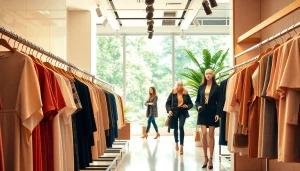 Designer clothing online showcased in a luxurious boutique atmosphere with elegant outfits and chic accessories.