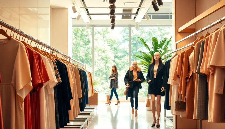 Designer clothing online showcased in a luxurious boutique atmosphere with elegant outfits and chic accessories.