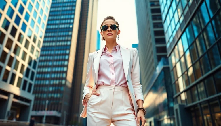 Showcase of a stylish model in a Rivelle outfit against an urban setting