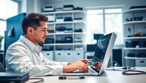 Technician providing computer service through laptop repairs in a bright office.