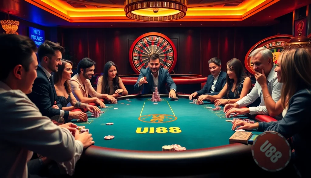 Players enjoy a thrilling poker game at UU88, showcasing excitement and strategic betting.