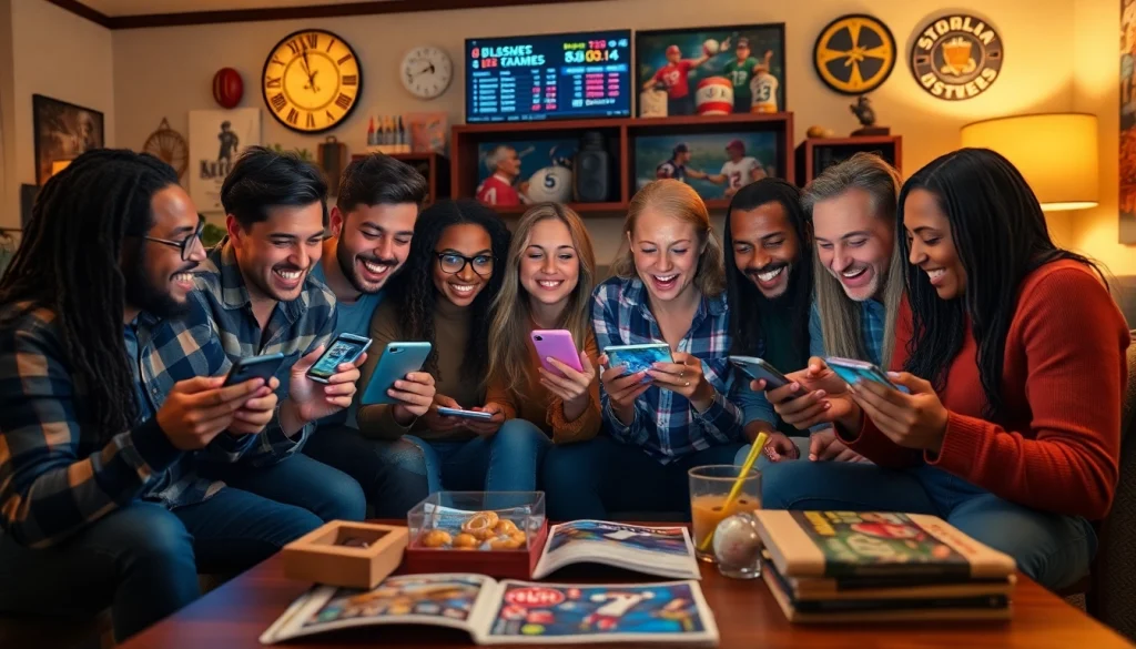 Engaging scene of friends participating in sports betting in Georgia, surrounded by vibrant sports memorabilia.