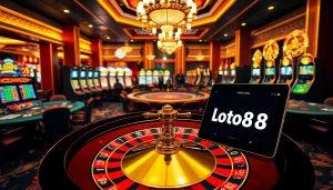 Experience the thrill of Đăng Ký Loto188 in a vibrant casino with detailed gaming tables and dynamic slot machines.