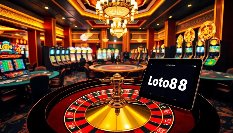 Experience the thrill of Đăng Ký Loto188 in a vibrant casino with detailed gaming tables and dynamic slot machines.