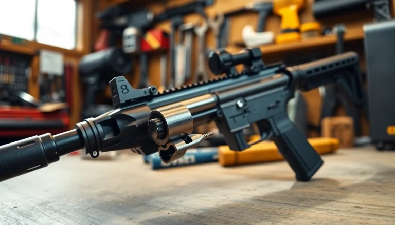 Capture the ar15 super safety trigger prominently, showcasing its sleek design and features against a background of tools.