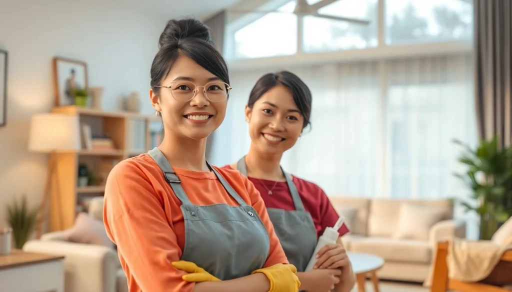 Indonesian maid smiling while tidying a cozy, family-friendly home environment.