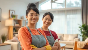 Indonesian maid smiling while tidying a cozy, family-friendly home environment.