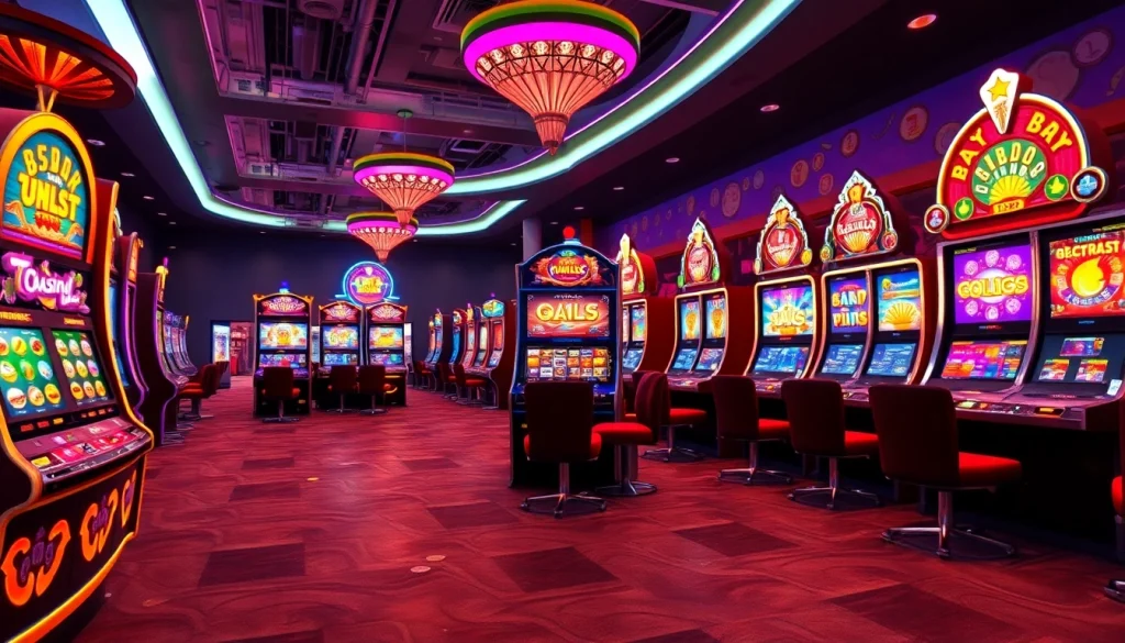 Menampilkan permainan slot gacor terbaru dengan desain mesin menarik dan suasana kasino yang ramai.