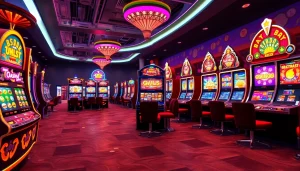 Menampilkan permainan slot gacor terbaru dengan desain mesin menarik dan suasana kasino yang ramai.