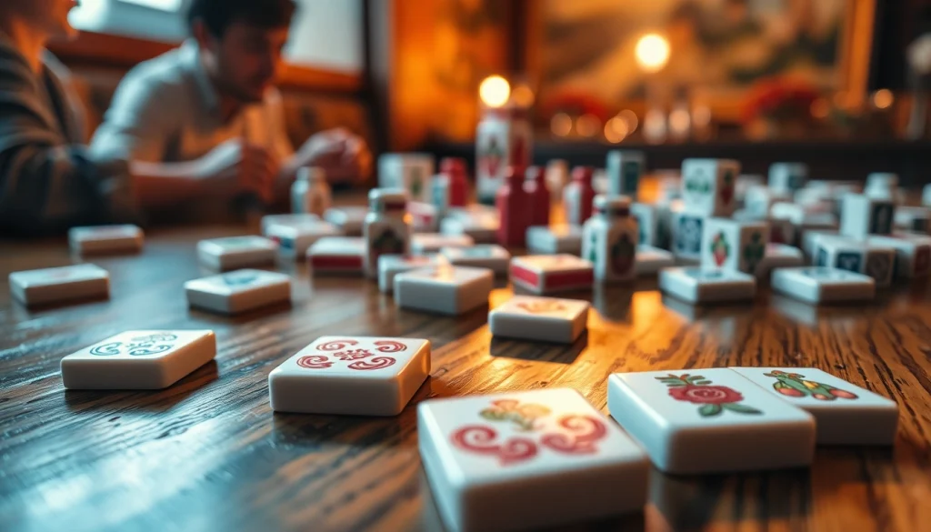 Mahjong tiles terhampar indah di atas meja kayu, menciptakan suasana permainan yang hangat.