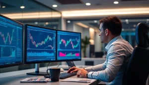 Trader using hotforex mt4 on dual monitors in a modern office setup.