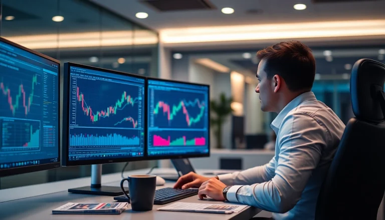 Trader using hotforex mt4 on dual monitors in a modern office setup.