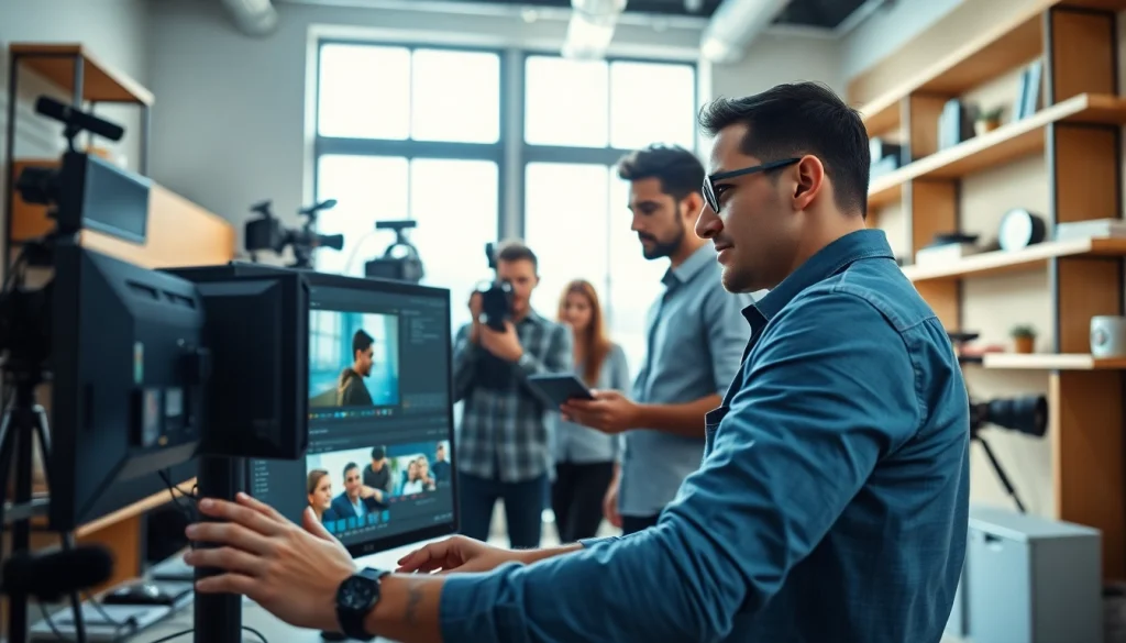 Engaging video editing services showcased with a team of professionals in a vibrant studio.