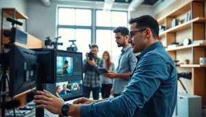 Engaging video editing services showcased with a team of professionals in a vibrant studio.