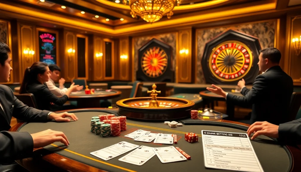 VUA99 players enjoying an exciting online gambling experience at a luxurious casino setting.