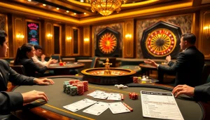 VUA99 players enjoying an exciting online gambling experience at a luxurious casino setting.