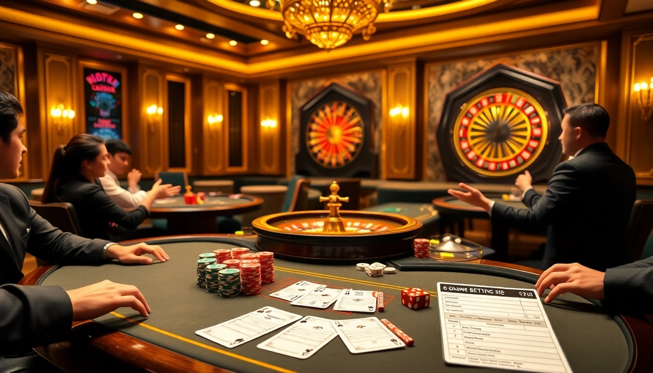 VUA99 players enjoying an exciting online gambling experience at a luxurious casino setting.
