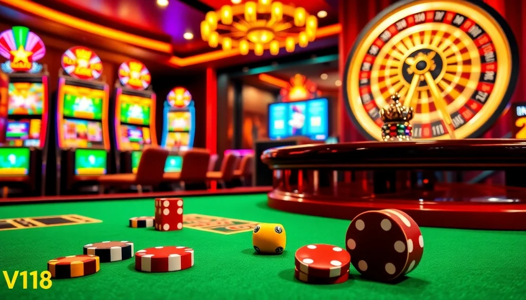 Engage in top-tier gaming at VN168's elegant casino table with vibrant poker chips.