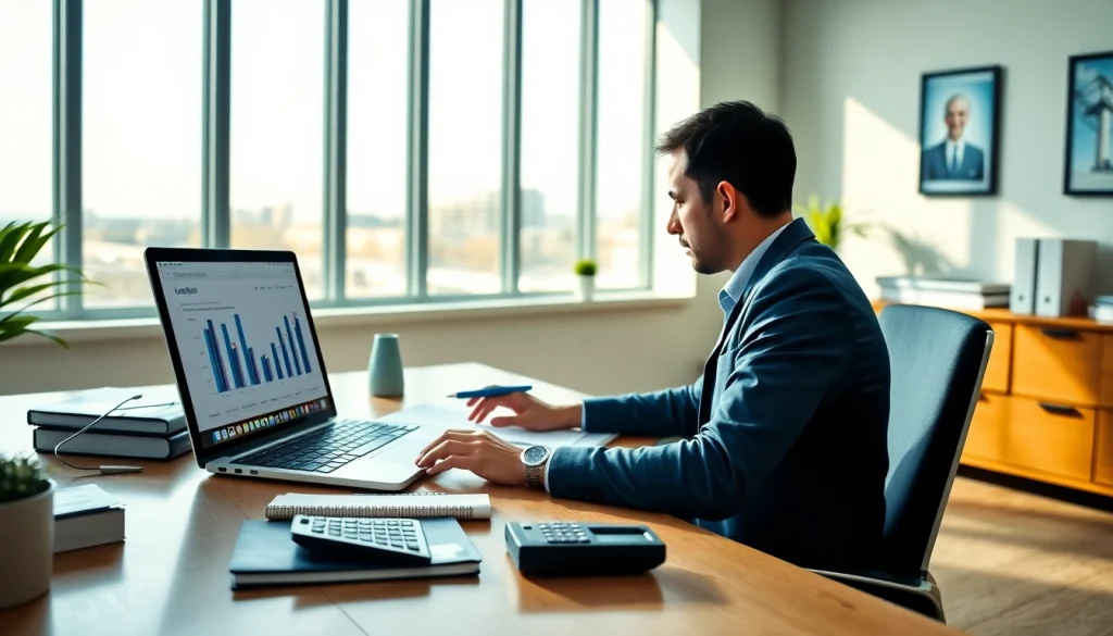 Księgowość dla firmy transportowej z profesjonalnym księgowym analizującym dokumenty finansowe w nowoczesnym biurze.